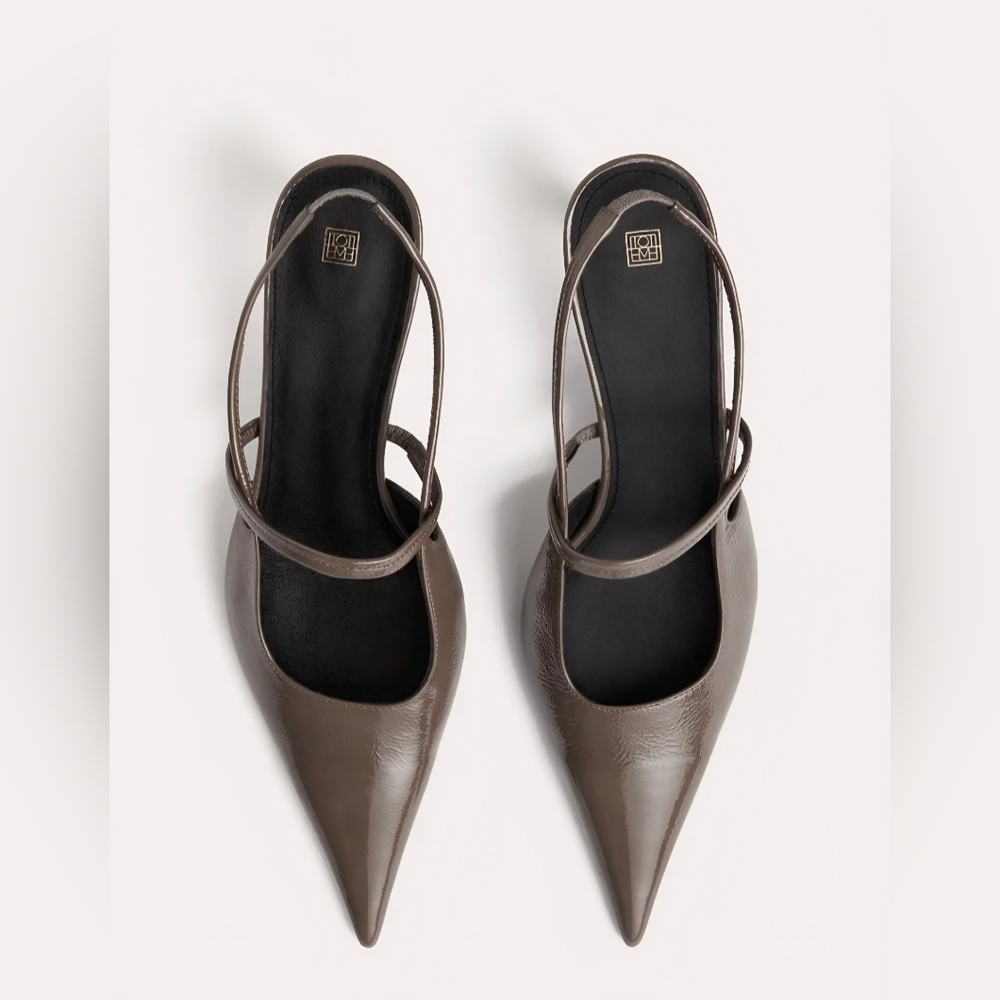 Totême Sharp Pointy Patent Leather Slingback Heel Pump Taupe EU 38 US 7.5 8 NWOB